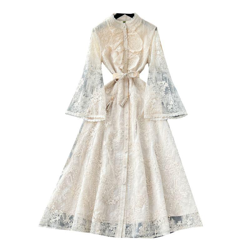 French style Elegant Heavy Industry Crochet Embroidery Waist Hugging Stand Collar Single-Breasted Wooden Ear Patchwork Bell Sleeve Long Dress