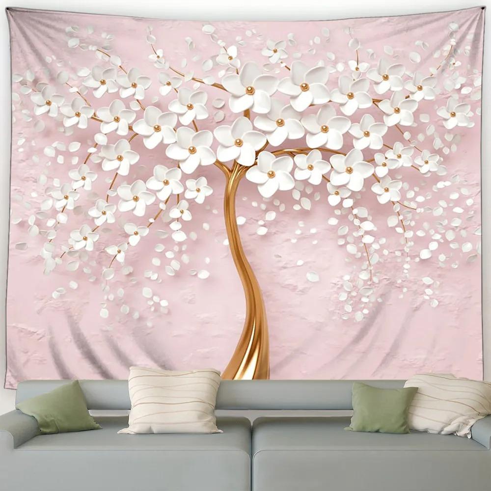 Белые цветы Золотой ствол дерева Креативный декоративный гобелен Домашняя стена Гостиная Офис Декоративный гобелен 100x75cm