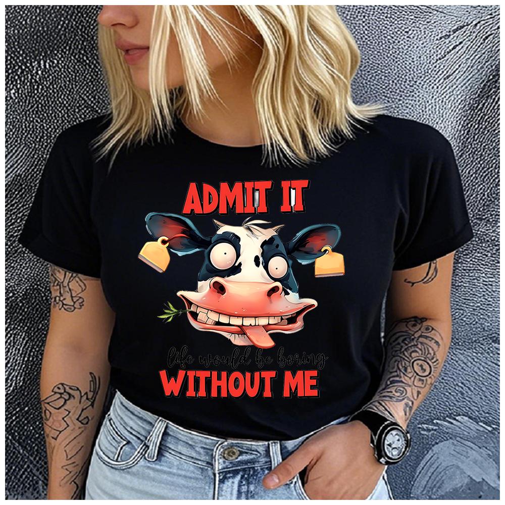 Unisex 100% Polyester Summer Top A witty and self-important cartoon cow Print Loose round Neck Short Sleeve Fashion for Lovers