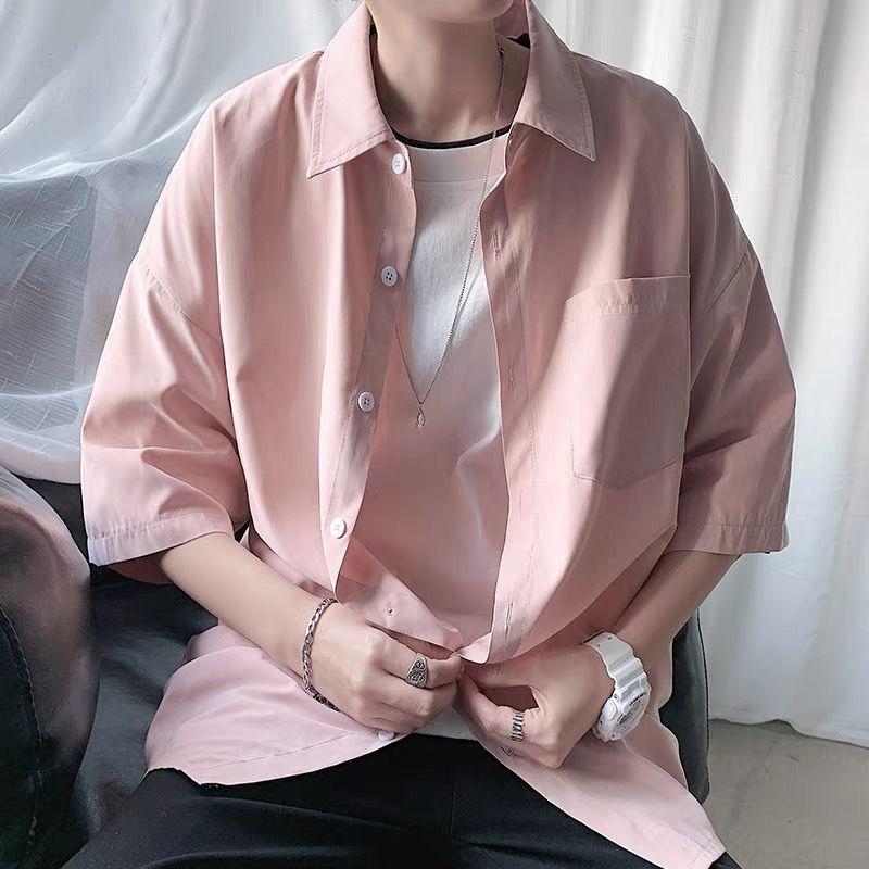 Simplicity Handsome Turn-down Collar Solid Shirts Loose Short Sleeve Button Business Casual Young Style Fashion Men's Clothing