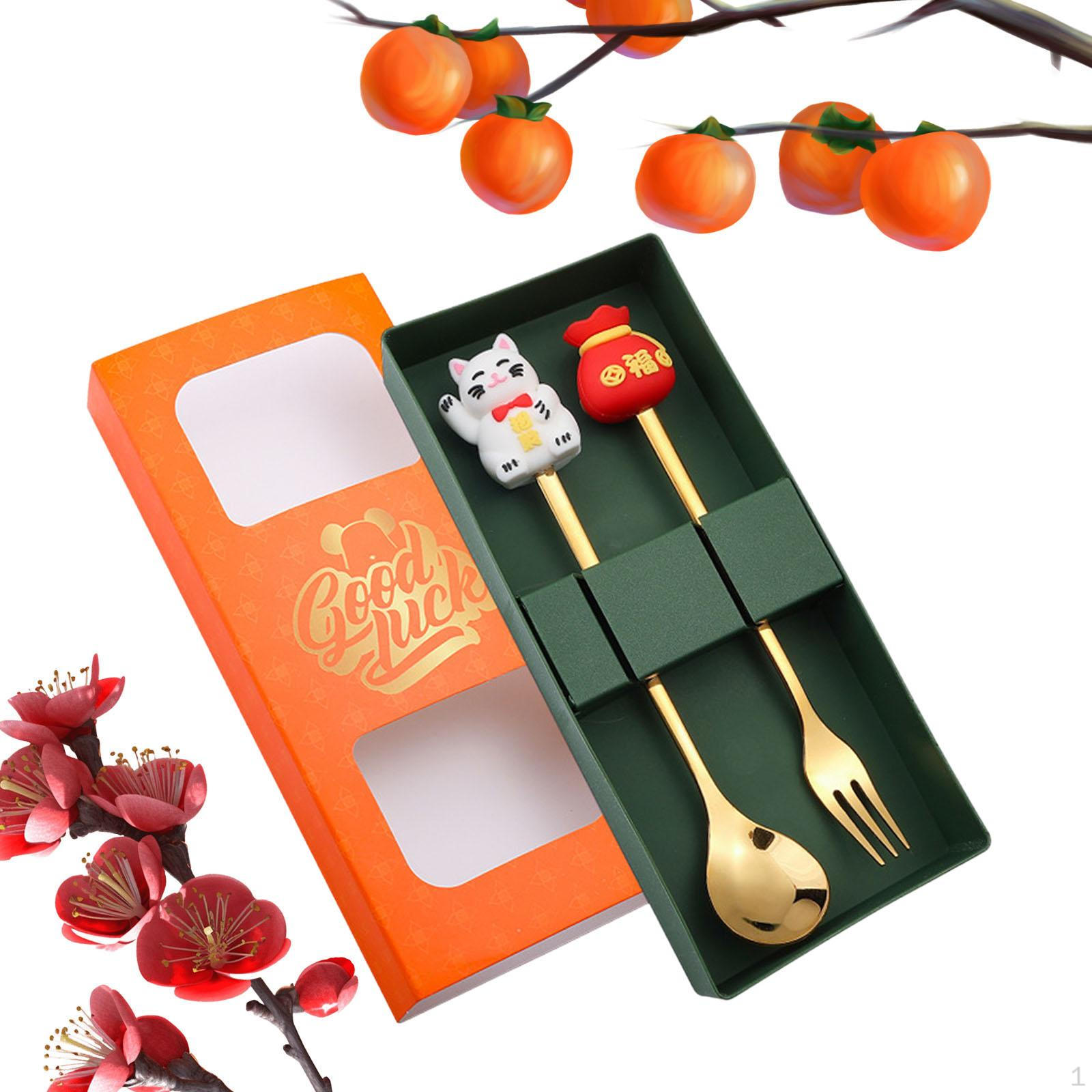 

2 Pieces Gold Cutlery Set Coffee Spoon Reusable Flatware and Fork for Daily Chinese Style E