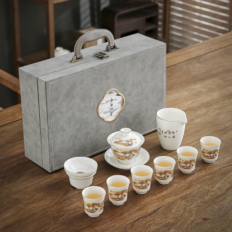 Tea set ceramic cover bowl household simple teacup suet jade white porcelain kung fu tea set gift box national tide style