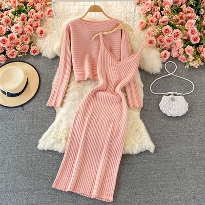 Autumn Women's Sweater Dress Set Retro Chic Short Knit Sweater Top Halter Dress V-neck Temperament Hip Dress Layering Two-piece Set