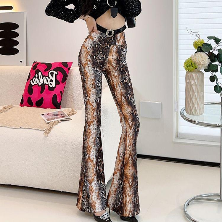 Spring Thin Women's High-waisted Flared Pants Slim Fit Trousers Printed Stretch Flared Pants