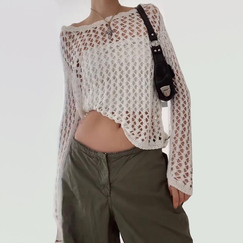 Women's 2026 New American Style Loose Knit Cardigan - Hollow Big Round Neck, Solid Color, See-through Mesh, Long Sleeve.