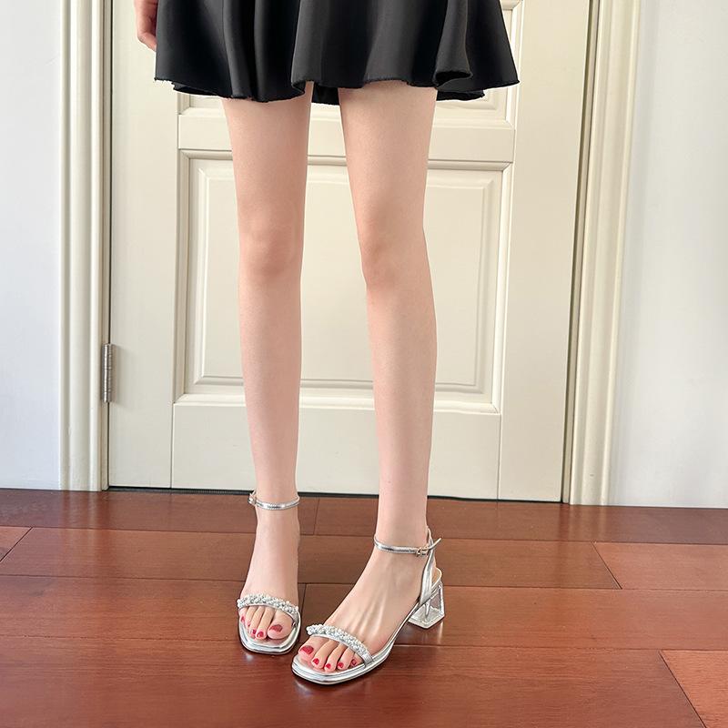 Silver thick-heeled sandals female summer new fairy wind transparent crystal high-heeled word with open-toed sandals female