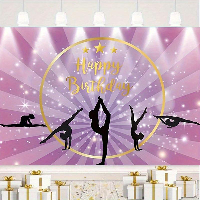 A birthday party banner showing the silhouette of a happy birthday gymnastics is decorated with a background cloth 100x150cm