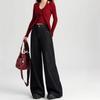 Damen 2024 Herbst Dunkelblaue High-Waist Wide-Leg Jeans - Bodenlang, Lockere Passform.