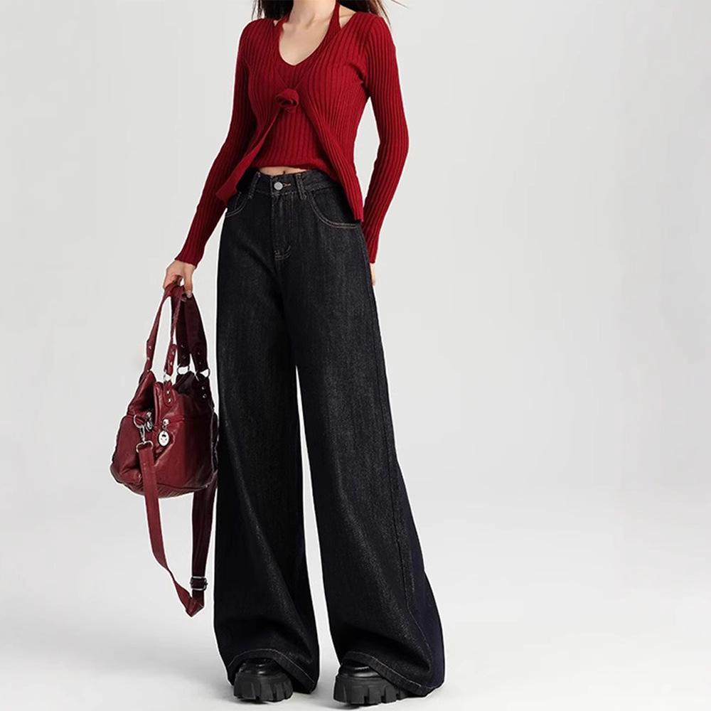 Damen 2024 Herbst Dunkelblaue High-Waist Wide-Leg Jeans - Bodenlang, Lockere Passform.