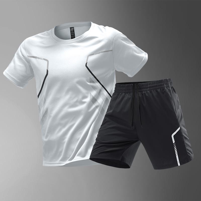 Men's Quick-Dry Ice Silk Sportswear Set - Short Sleeve T-Shirt & Shorts for Running, Summer Fitness, and Football Training.