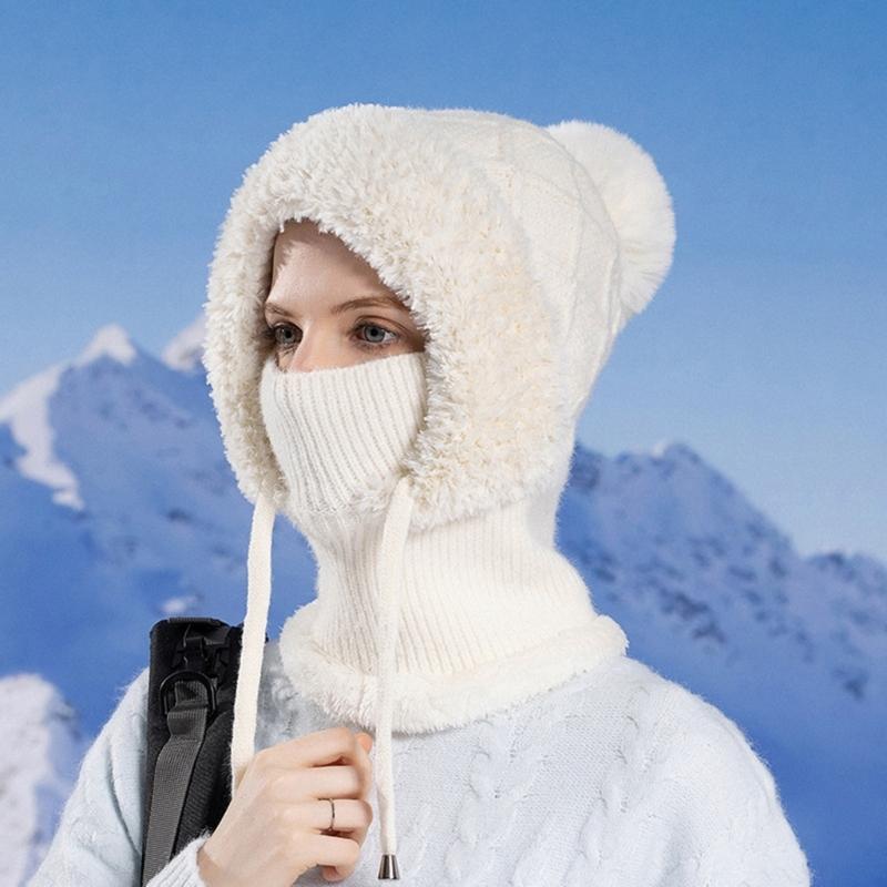 2in1 Winter Warm Ear Flap Scarf Hat Women Knit Hooded Balaclava Hat with Plush Liner Outdoor Activity Pullover Skull Hat