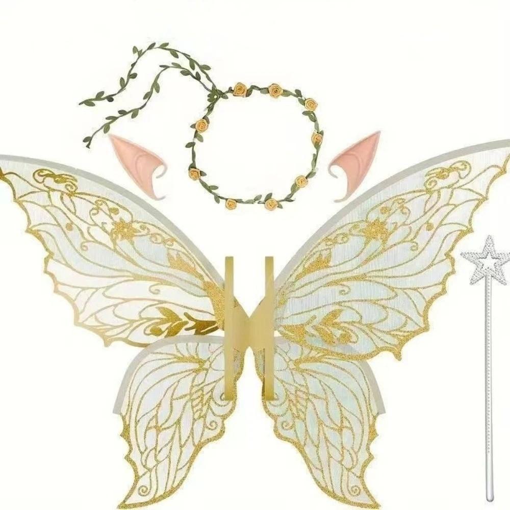 Sparkling Wings Wreath Elf Ear Set Foldable Fairy Cosplay Set Butterfly Wings Set Halloween