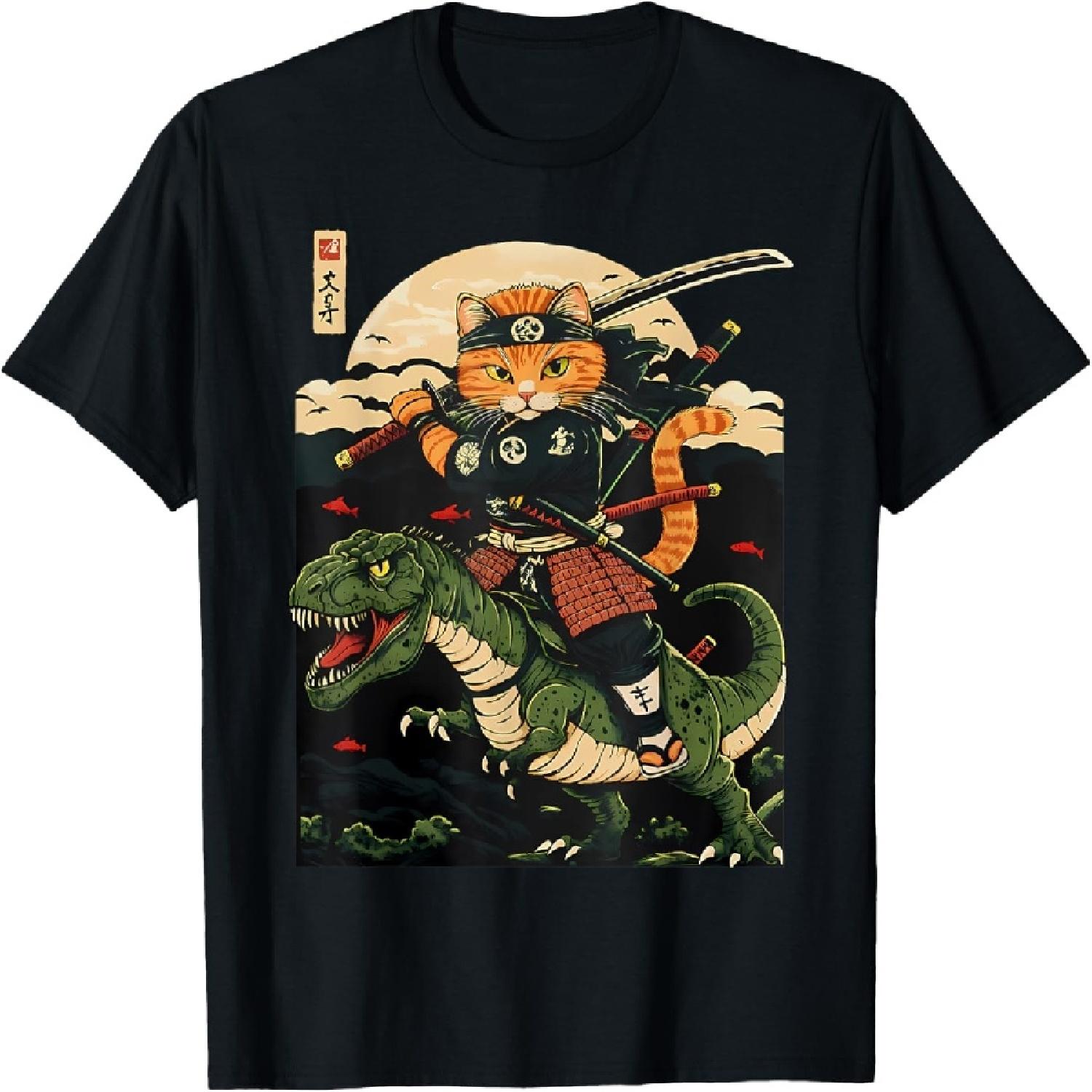Самурайский Кот Верхом на Динозавре Японская Укиё-э Кошачий Самурай Футболка для Мужчин Женщин S