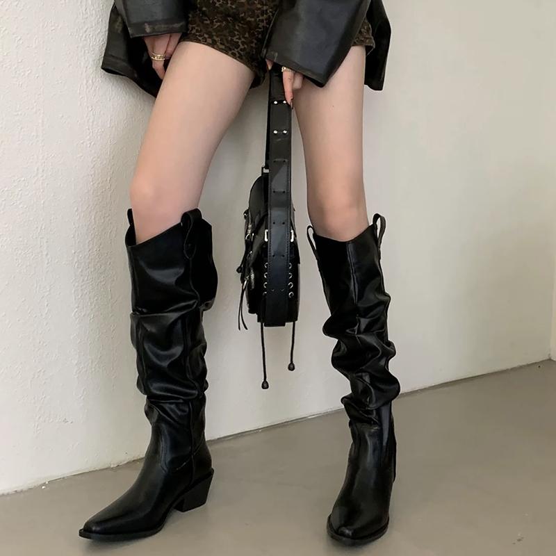 Winter Pointed Toe Women Knee High Boots Thick Heels Stripper Mordern Long Booties Shoes Zapatos De Mujer