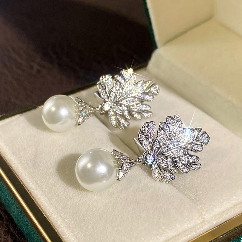 925 Sterling Silver Leaf Pendant Earrings for Women Female Engagement Jewelry Brilliant Zirconia Pearl Wedding Accessories