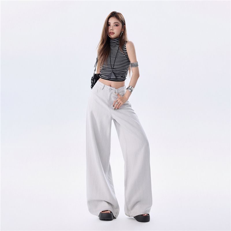 Spring Summer Thin Linen Cotton Textured Cool Old Money Drape Relaxed Wide Leg Casual Denim Pants For Women Casual Pants Oversize Denim Trousers