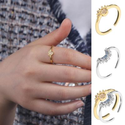 Silver Moon Finger Ring Open Couple Adjustable Ring Exquisite Crystal Star Ring  Hipster