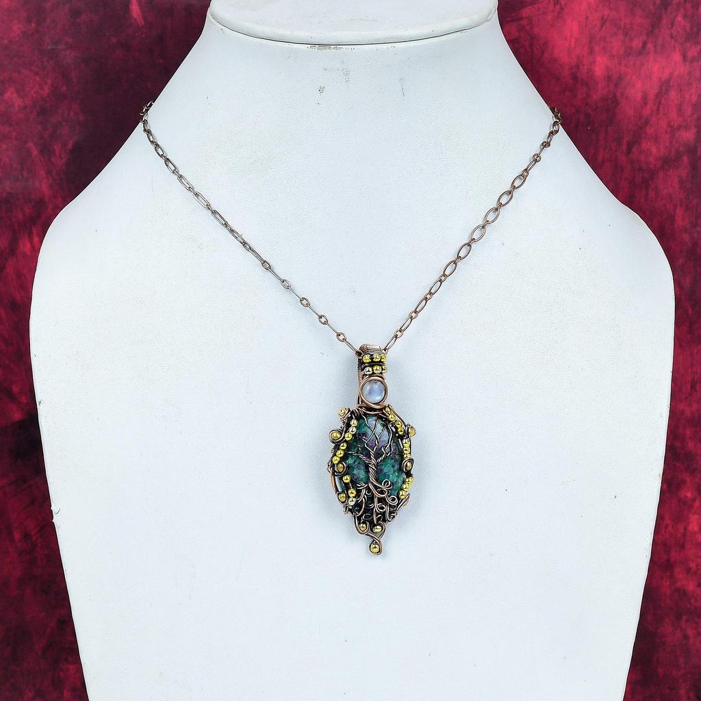 Tree of Life Ruby Fuchsite Pendant Copper Wire Wrapped Pendant Real Gemstone Jewelry Moonstone Pendant Handmade Copper Jewelry Gifts for Him
