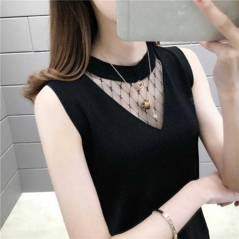 WTEMPO Lace Patchwork Ice Silk Knitted Vests Camisole Tops Women's Spring Summer V-neck Sleeveless Short Loose Bottom Tops
