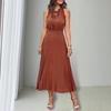 Dámské boho midi šaty letní s výstřihem do V, na zavazování, bez rukávů, plisované, volné áčkového střihu, ležérní plážové šaty