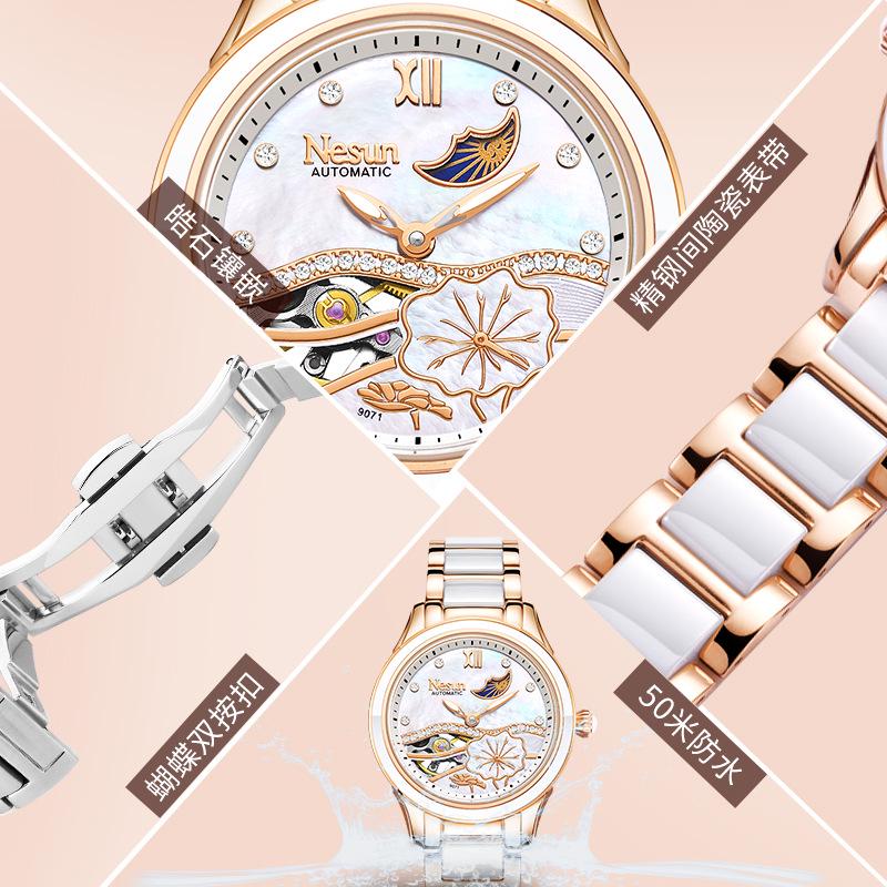 Montre Mécanique Automatique pour Femme NESUN - Élégante, Lumineuse, Étanche, Design Squelette pour Cadeau de Saint-Valentin