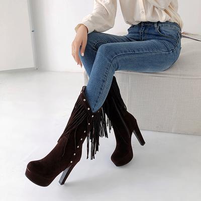2024 Autumn Winter Midi Calf Boots Women's Modern Boots Superior Nubuck High Heel Tassel Decor Casual Platform Shoes Botas Mujer