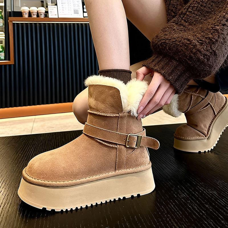 Women's lightweight belt thick sole winter warm one-step snow boots padded lining non-slip wear casual sports cotton boots