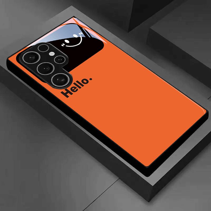 Orange Background Black Frame Glass Phone Case Suitable for Samsung Galaxy S26 S25 S24 S23 S22 S21 S20 FE/Ultra/Plus5G Anti Drop