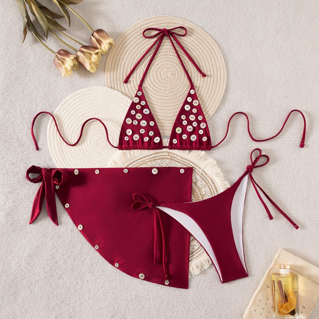 New European And American Style Split Bikini Button Hanging Neck Strap Sexy Swimsuit Women'S Backless And Thin Swimsuit Three