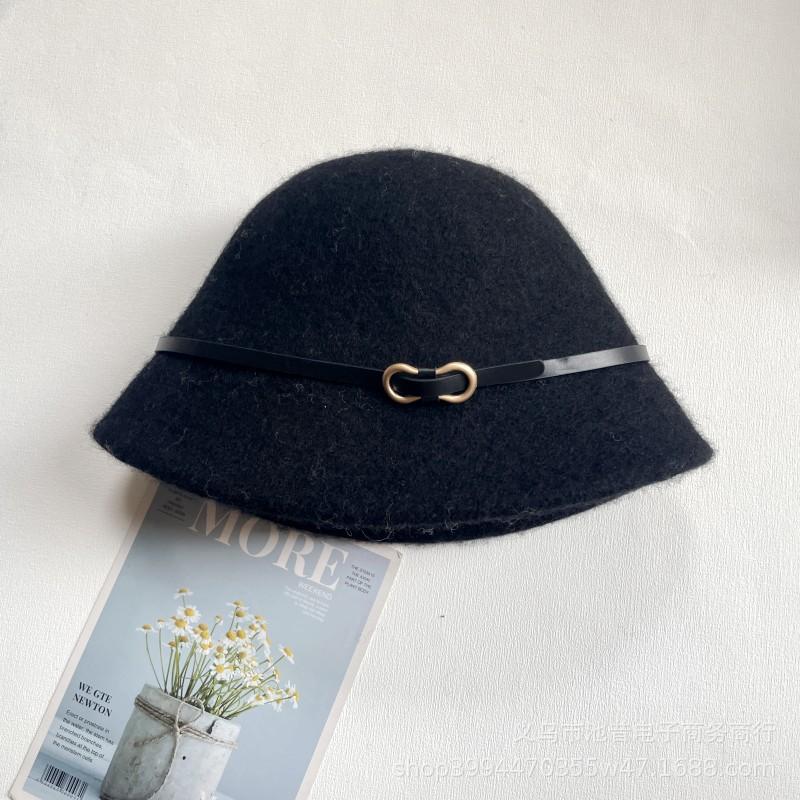 Hat female autumn and winter face small bucket hat leather buckle decorative versatile wool knitted hat foldable thermal basin hat female