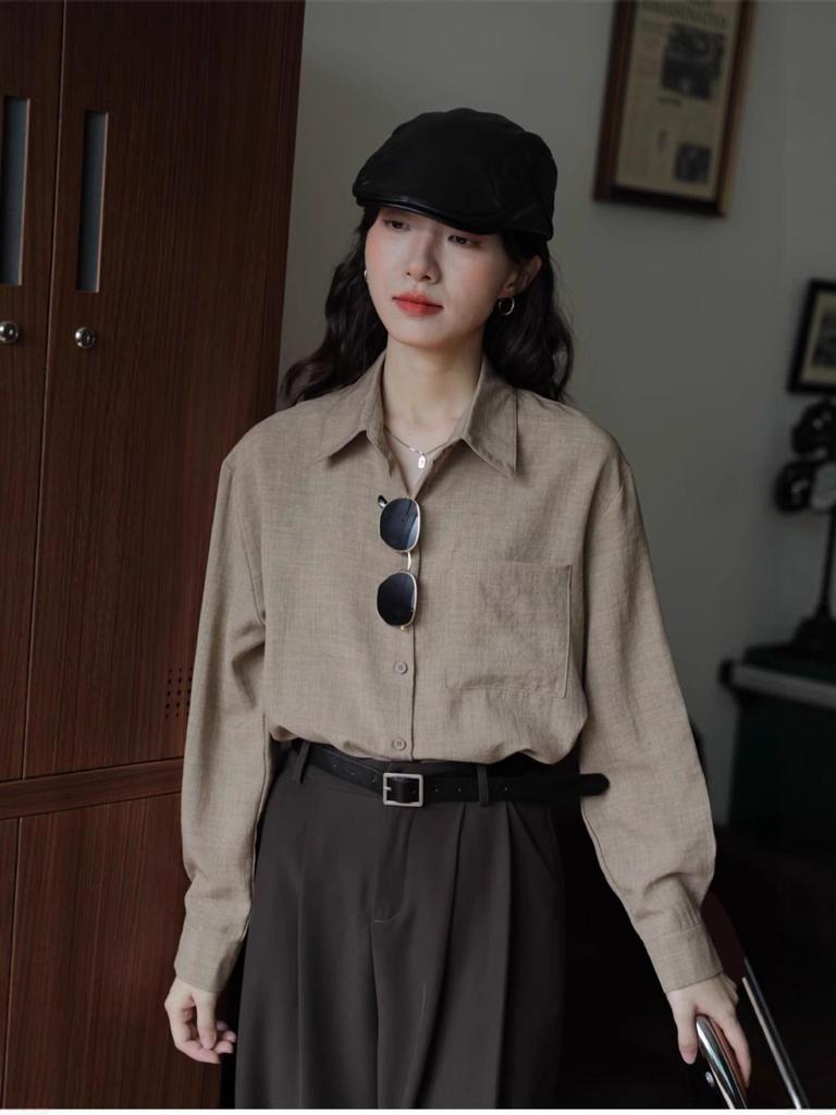 Women's Retro Hong Kong Style Green Cotton-Linen Long Sleeve Shirt, Slim Fit for Spring and Autumn