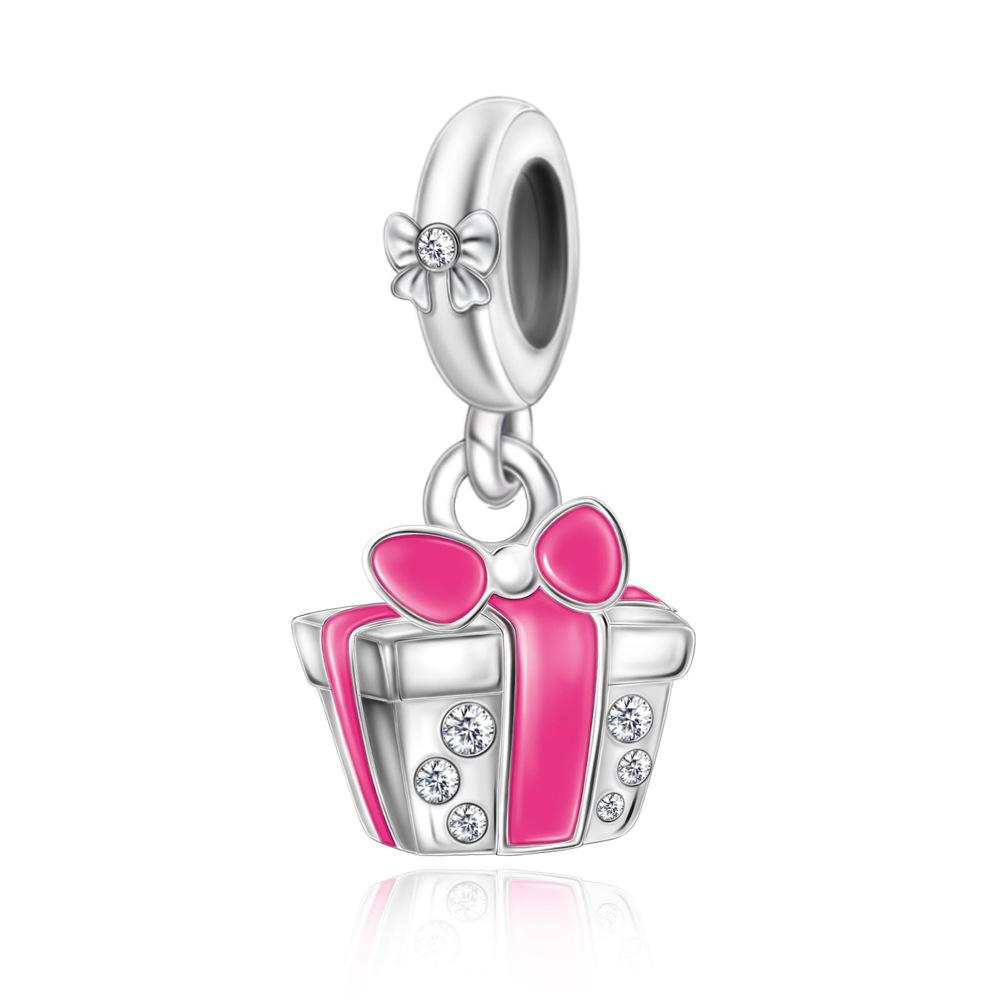 S925 Silver Pink Ribbon Gift Box Pendant Beaded Bracelet Necklace DIY Craft Jewelry Accessories Loose Beads