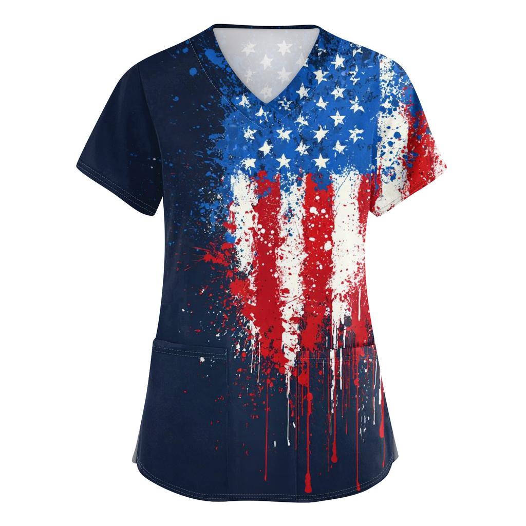 Women's V-neck Independence Day print short-sleeved pocket side-opening protective work shirt