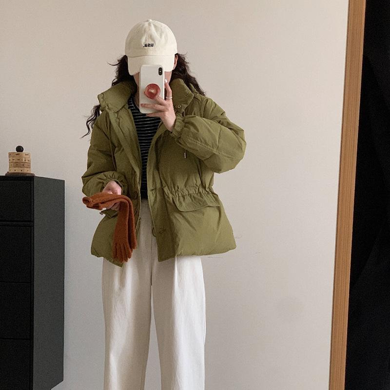 Fashion sweet drawstring down jacket women's short winter new hooded waist thin small warm jacket