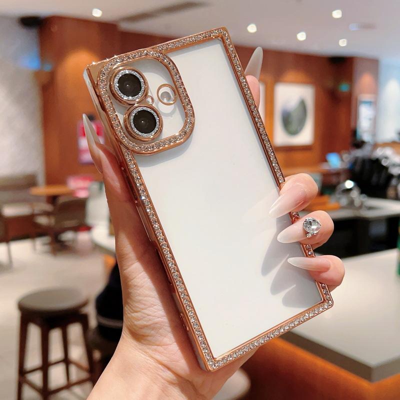 Glitter Diamond Frame Clear TPU Phone Case For iPhone 16 Pro 15 Pro Max 14 13 Transparent Shockproof Soft Bumper Cover
