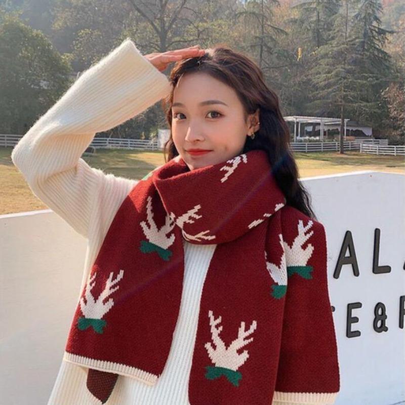 

Christmas elk knitted wool scarf women s winter warm red scarf versatile Japanese scarf Above 175cm