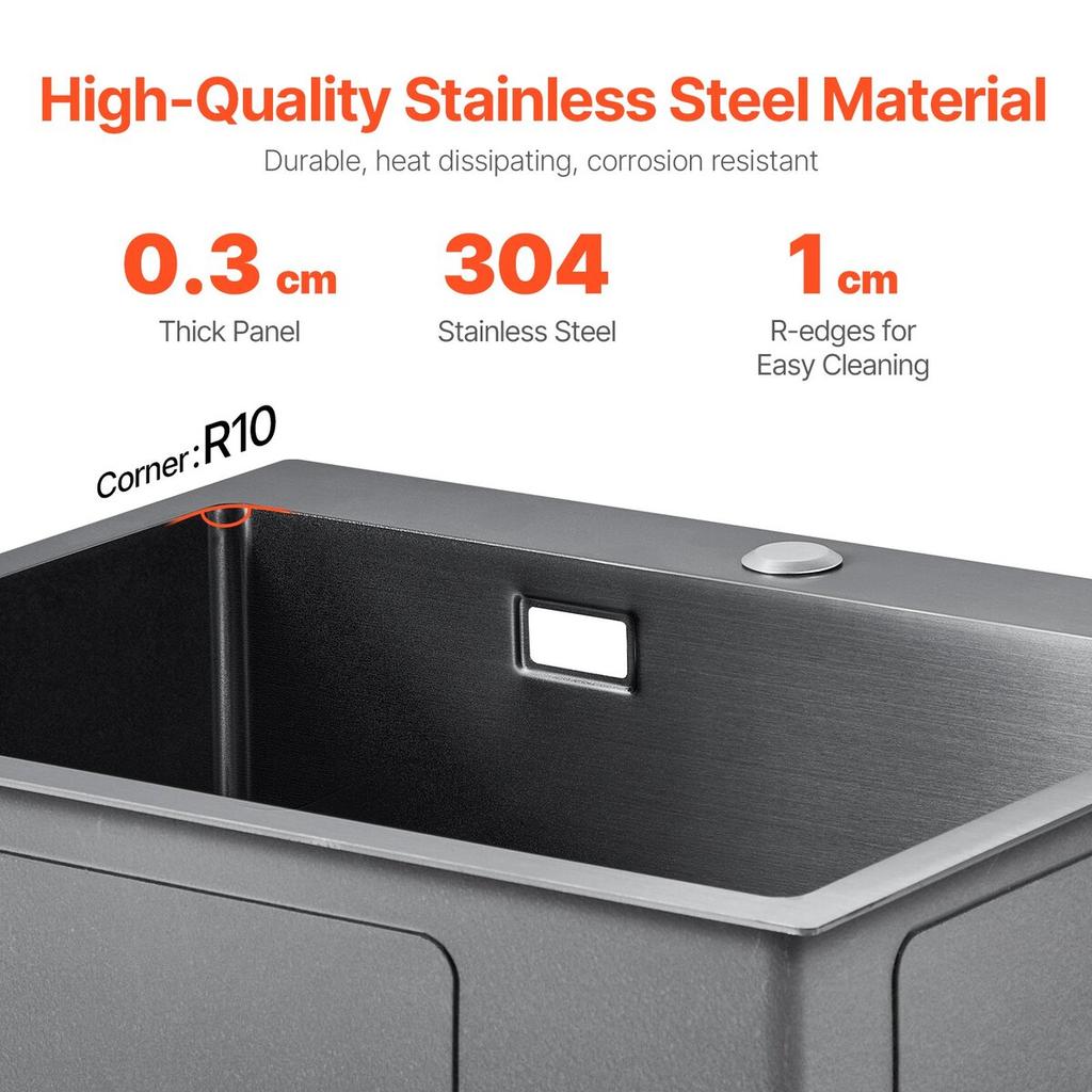 55cm Kitchen Sink Topmount Single Bowl Drop-In Basin Stainless Steel Black