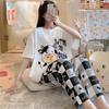 Women's Summer Cartoon Pajama Set - Round Neck, Short Sleeve, Lightweight Pants for Spring & Autumn