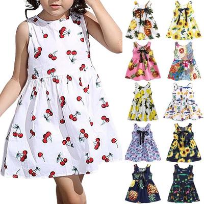 Cute Girls Bowknot Sleeveless Crew Neck Fruit Printed Comfy Cool Princess Dress Summer A-line Dress