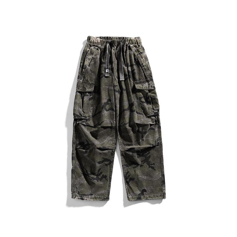 Men's Trendy Straight Casual Pants Camouflage Fashion Multi-pocket Overalls Blue Versatile Wide-leg Pants
