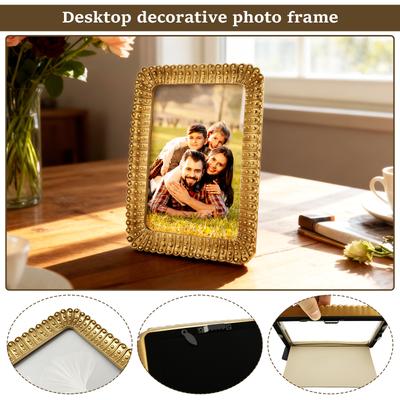 Photo Frame Retro Golden Photo Frame with Stand Resin Picture Frames Ornaments for Office Tabletop Living Room Home Decoration
