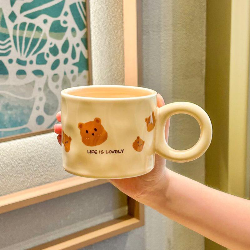Cute milk fufu bear cup with spoon niche design couple ceramic mug appearance value home breakfast coffee cup