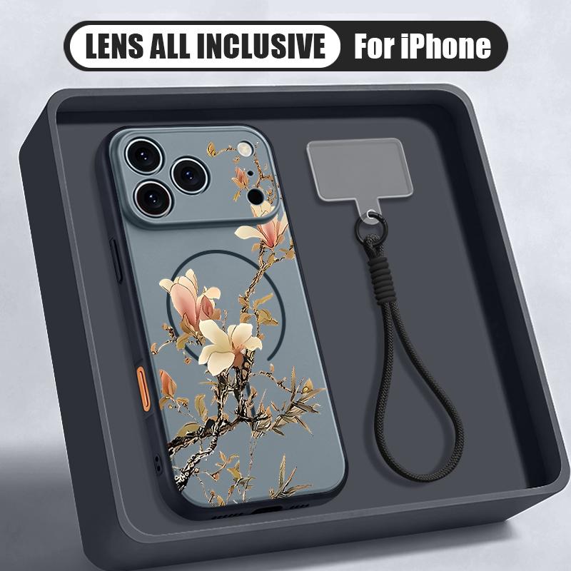 INS Floral Pattern Hand Strap Case For iPhone 17 Pro Max iPhone 16 15 14 13 Pro Max Magnetic For Magsafe Hybrid TPU+PC Matte Cover