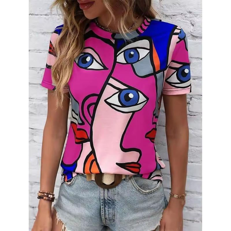 

Ретро жіноча 3D футболка Одяг Харадзюку Топи Мистецтво Обличчя Графічні футболки V-подібний виріз Оверсайз Пуловер Короткий рукав Блузка Вільний світшот L