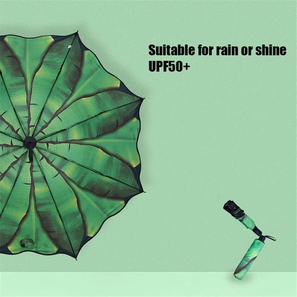 Banana Leaf Umbrella Windproof Three Folding Umbrella Anti-UV Sun Shade Parasol Sunny and Rainy Dual Use Umbrella for Outdoor