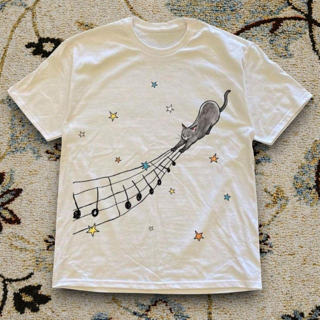 Dreamy indie graphic tshirt whimsical design with a curious cat and floating Unisex T-Shirt XXL