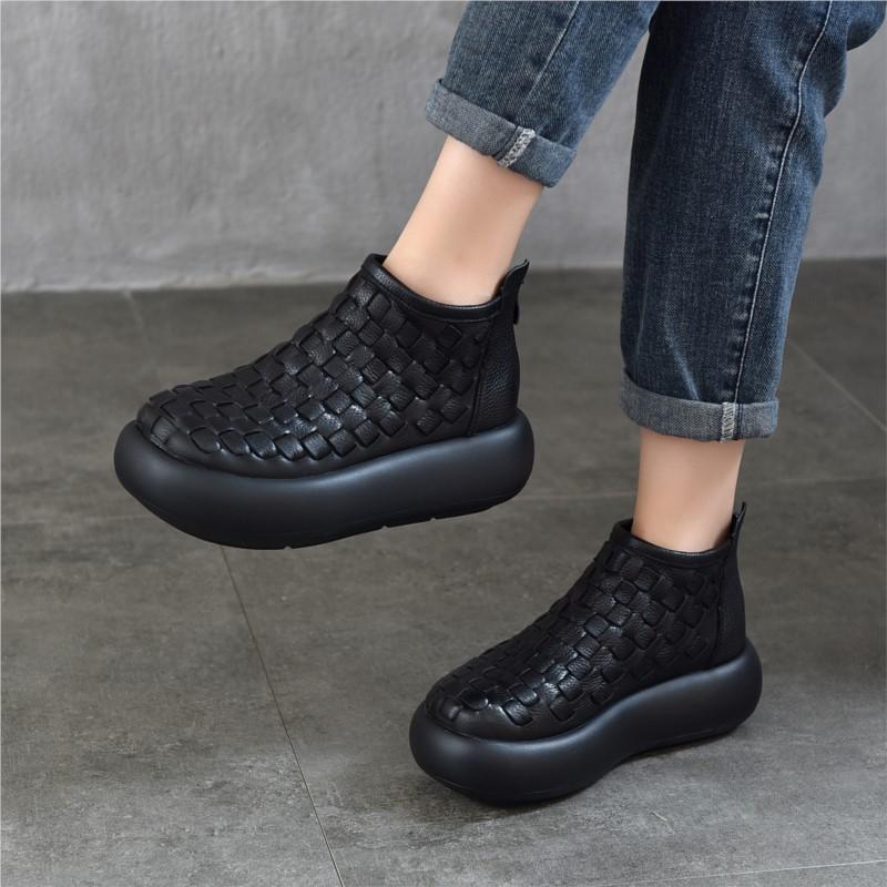 Johnature Retro Ručne Tkané Členkové čižmy z Pravej Kože Dámske Platformové Topánky