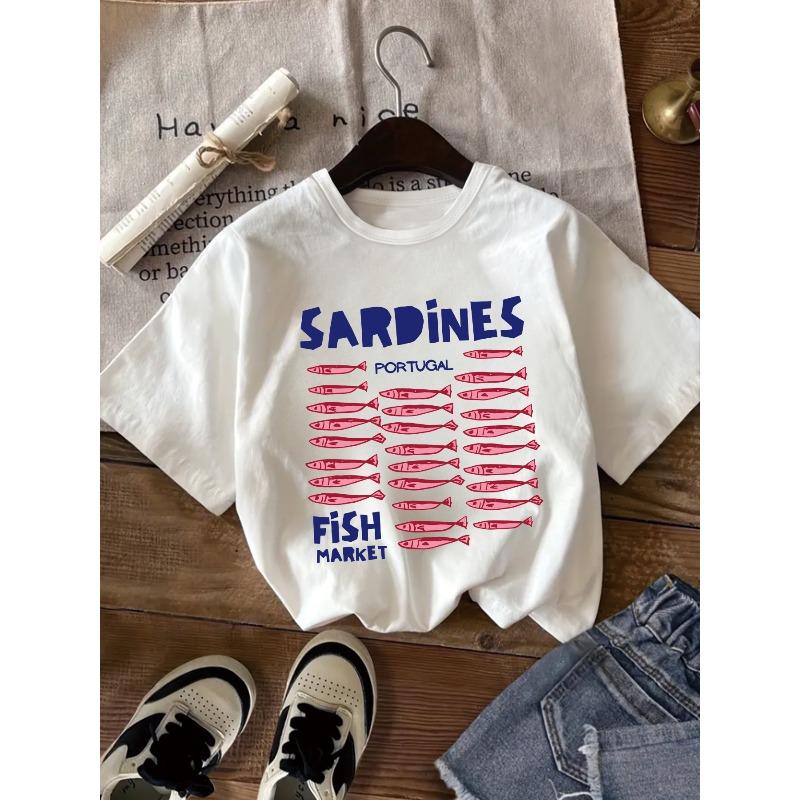 European sizes Girls' Round-neck Short-sleeve T-shirt, Hand-painted-style Sardine School and Letter Pattern Printed T-shirt