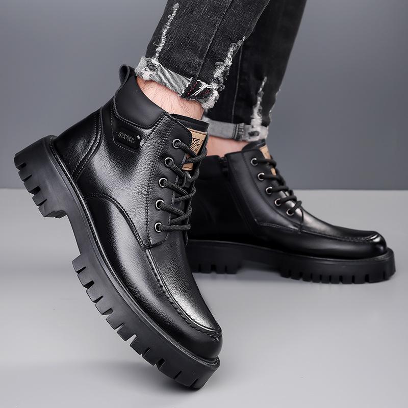 Winter new velvet Martin boots men's high-top mid-top men's trendy men's shoes British leather boots men's tooling boots