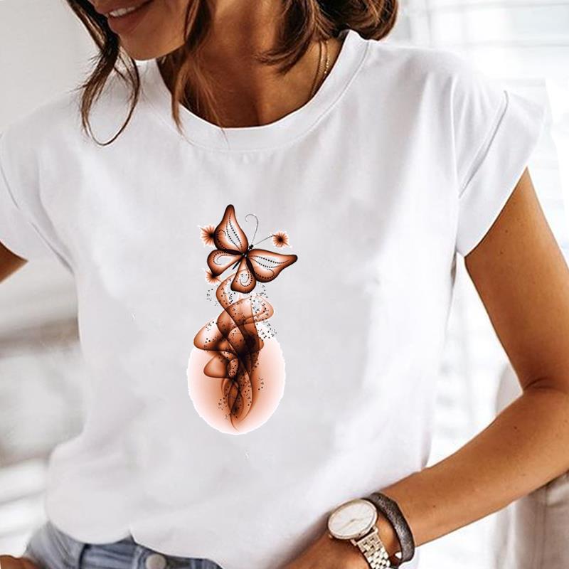 (Europäische Größe) Schmetterling T-Shirt Oberteil Aquarell Süß O-Ausschnitt Kleidung Mode T-Shirt Lässig Kurzarm Damen Druck Dame Weiblich Grafik T-Shirt